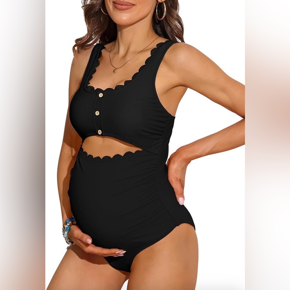 Maternity One Piece Swimsuit Scalloped Cut Out Ruched High Waisted Scoop Neck